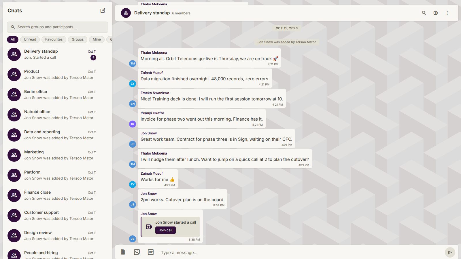 Threads, reactions and calls in line