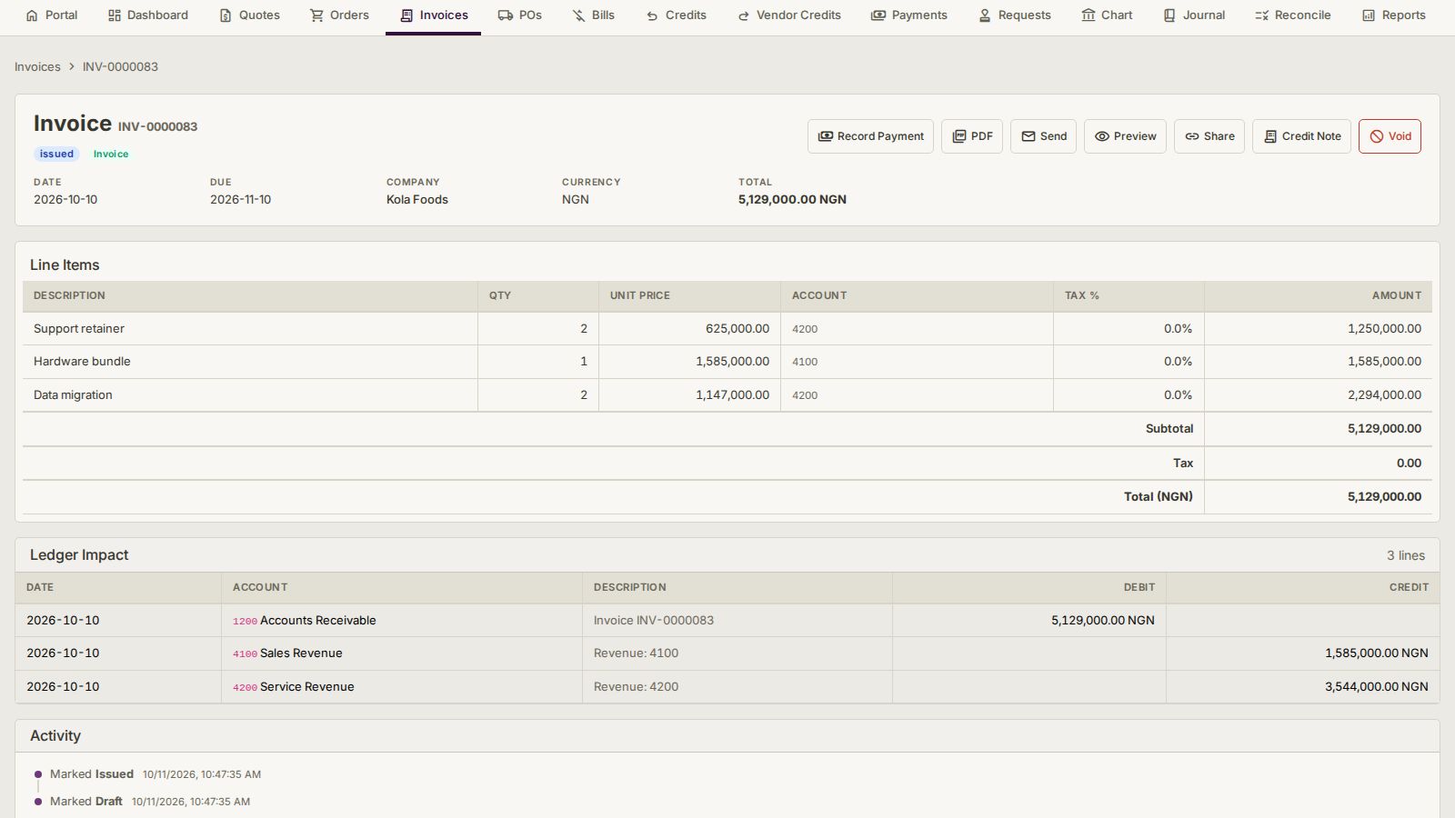 Send an invoice and see the ledger it writes